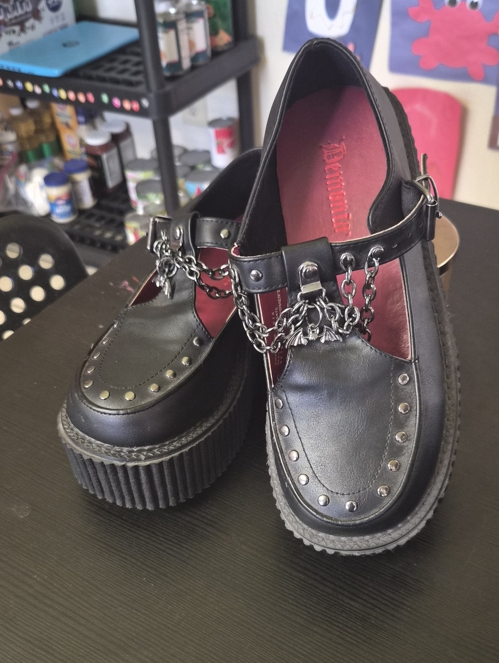 ​🖤 Demonia Creeper-215 Chained Bat T-Strap Platforms